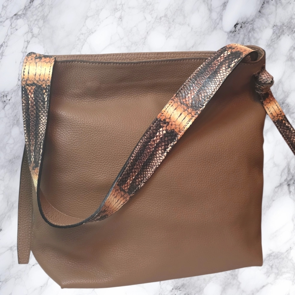 Dimoni Spain Leather Crossbody Bag Brown Pebbled Leather Snakeskin Strap Artisan